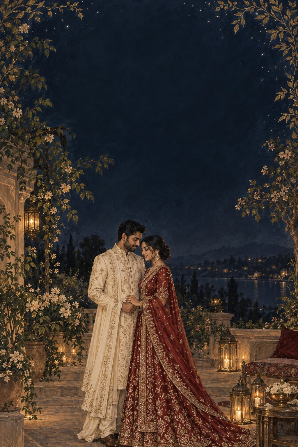 Midnight Heirloom: original painterly invitation artwork with a fictional couple