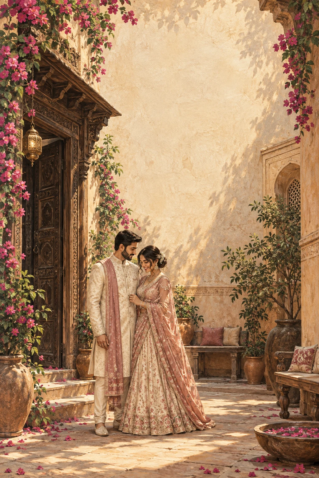 Courtyard Letters: original painterly invitation artwork with a fictional couple