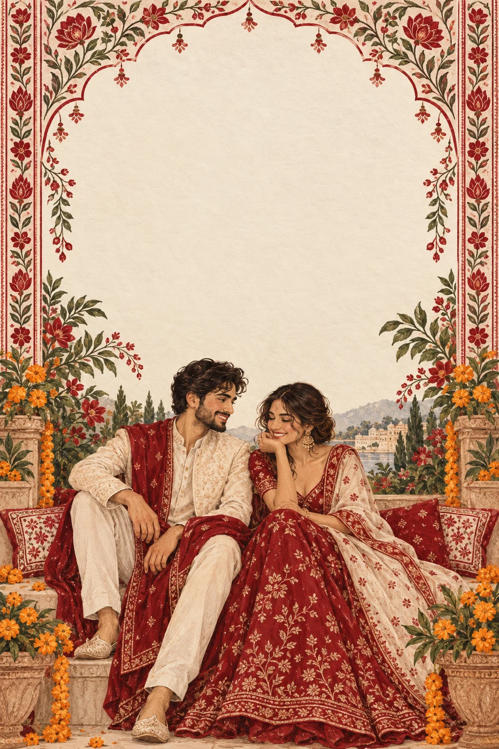 Vermilion Atelier: original painterly invitation artwork with a fictional couple