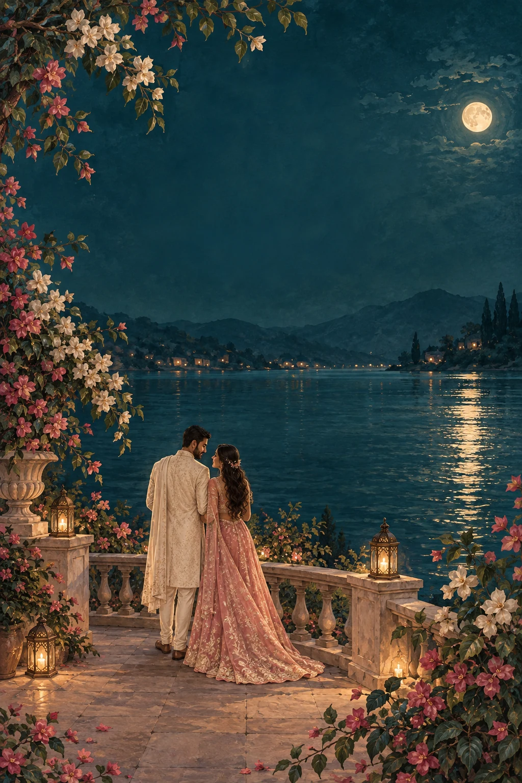 Moonlit Water: original painterly invitation artwork with a fictional couple