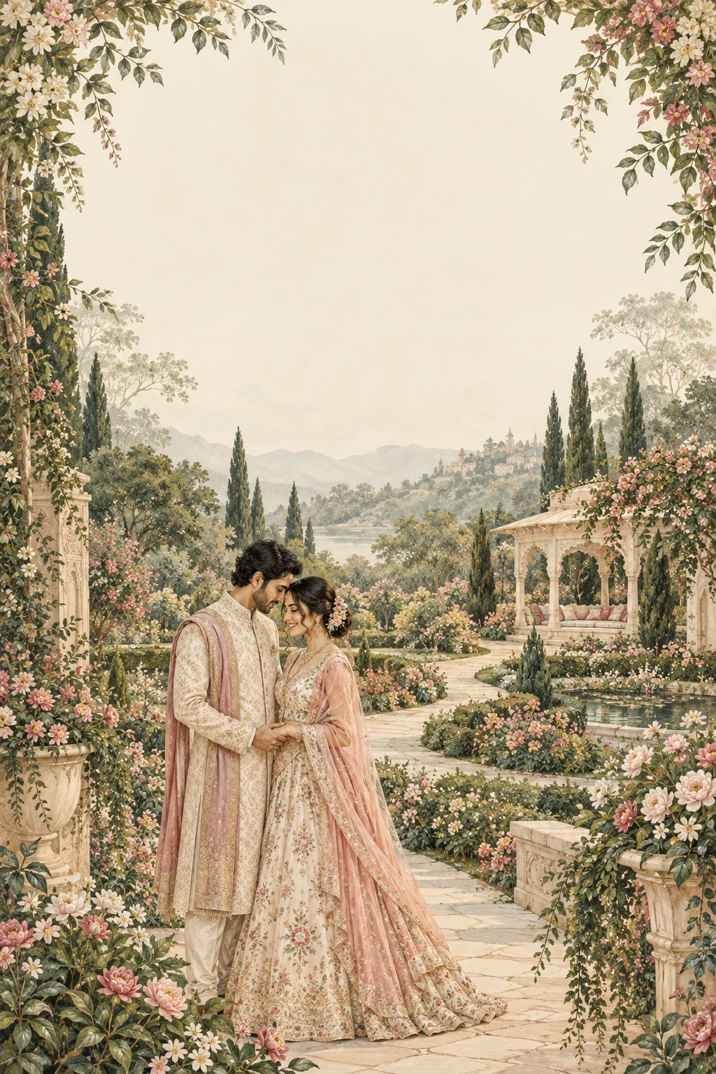 Garden of Promises: original painterly invitation artwork with a fictional couple