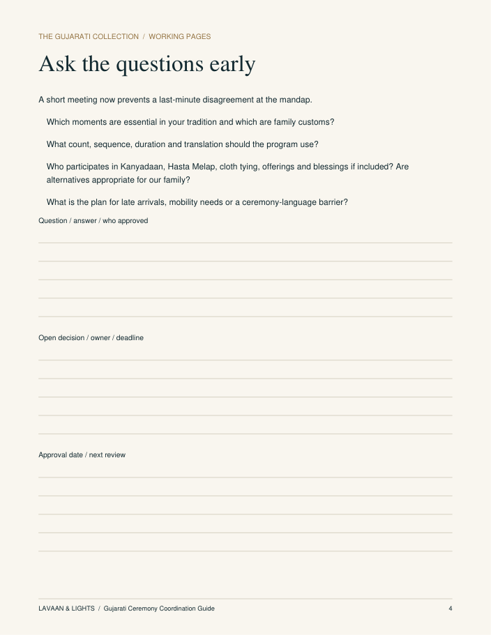 Actual interior sample page of Gujarati Ceremony Coordination Guide